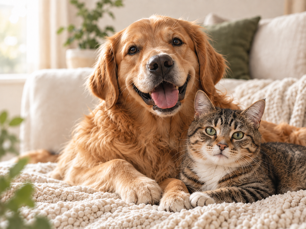 Golden retriever and tabby cat relaxing together in a cozy home